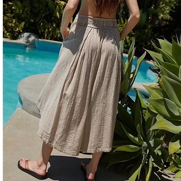 NWT Free People Lunar Cove Sand Combo Striped Wide Leg Cotton Pants Tan Small - Picture 2 of 5